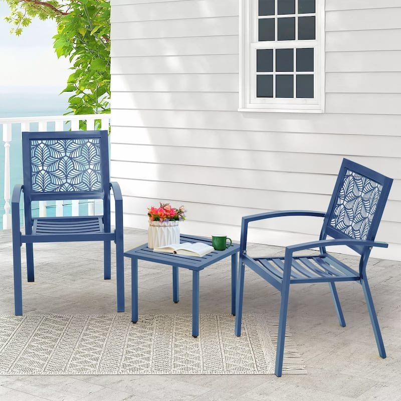 Outdoor Patio Set, Weatherproof Iron Bistro Table & Chairs, Floral Back Design, Space-Saving（Green/ Blue/ Yellow/ Black）