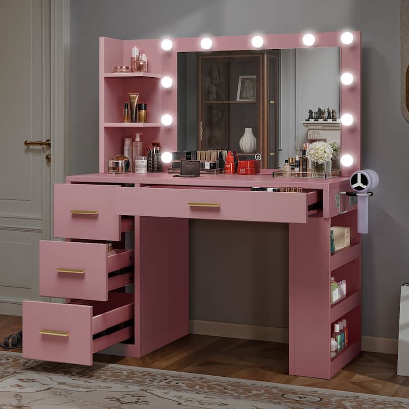 Moasis 40" Makeup Vanity with Mirror and Lighted ,Vanity Table with Power Outlet and 4 Drawers & Storage Shelves