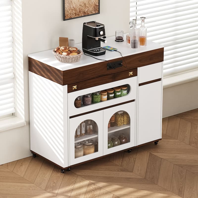 Rolling Kitchen Island with Extendable Table, Drawers, Power Outlet and Brake lock, Storage Cabinet