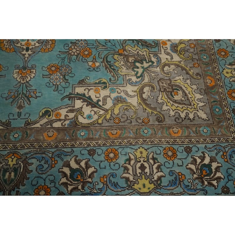 Hand Knotted Oriental 100% Wool Carpet Traditional Floral Navy Blue & Blues Tabriz Area Rug - 11' 0'' X 8' 5''