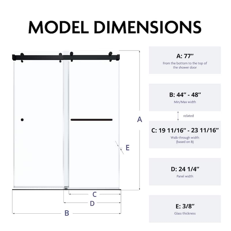SP Series 44" - 48" W x 77" H Contemporary Frameless Double Sliding Shower Door with 3/8" Clear Tempered Glass