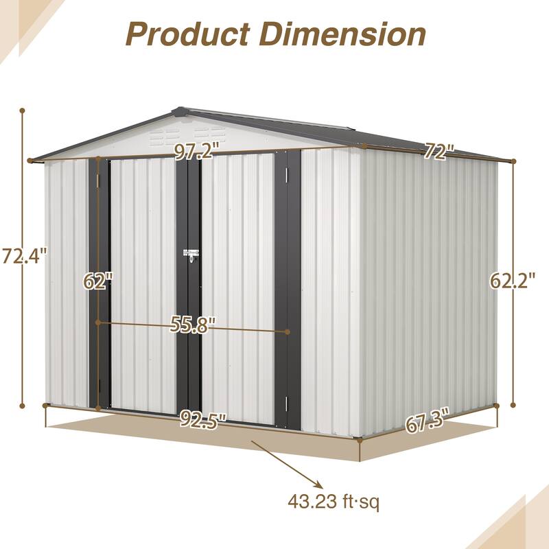 8'x6' Metal Outdoor Storage Shed with 2 Lockable Doors - 8 x 6 ft