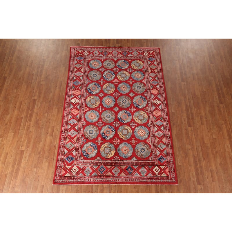 All-Over Geometric Kazak Living Room Area Rug Handmade Wool Carpet - 6'4" x 9'7"