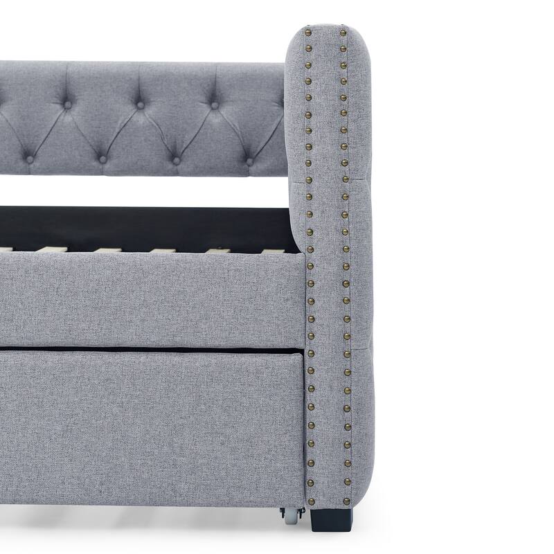 Tufted Daybed Upholstered Frame Sofa Bed with Button Copper Nail on Square Arms, and Pull-out Trundle Bed or Storage Drawers
