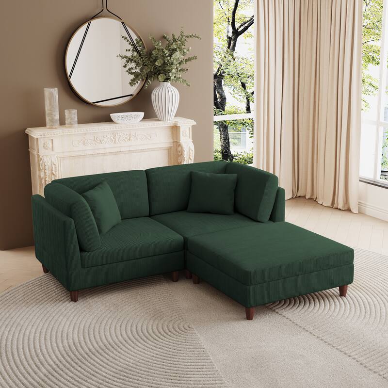 Corduroy Convertible Couch Modular Sectional Sofa with Ottoman - 3-Piece Hunter Green - Symmetrical