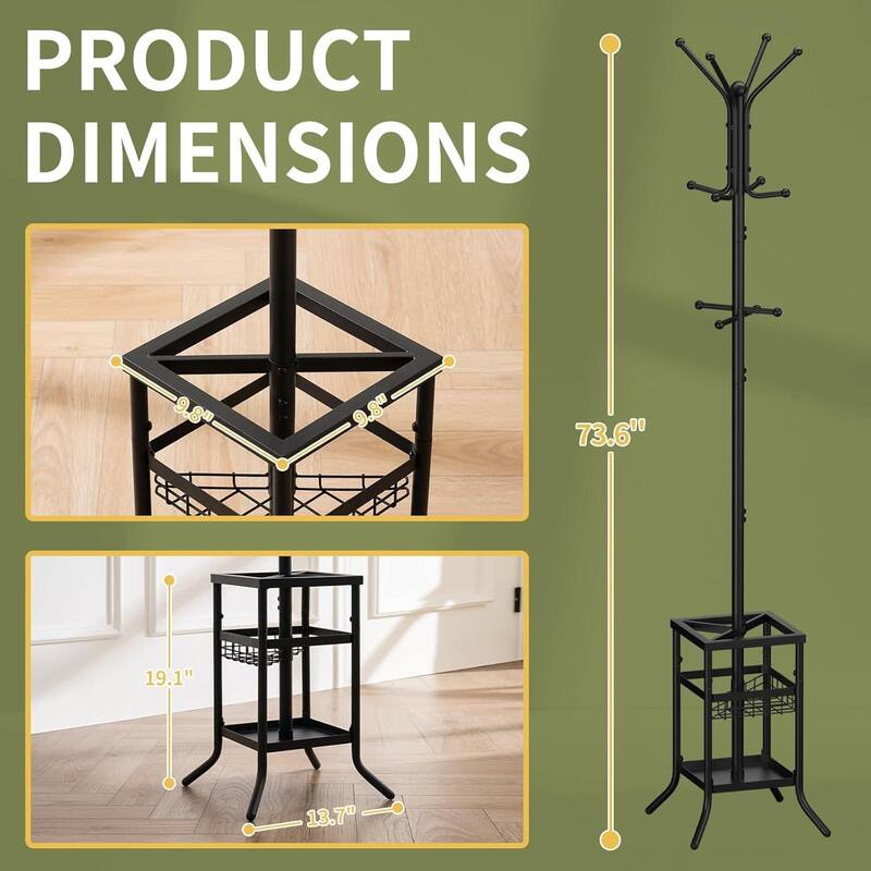 Metal 12-Hook Coat Rack Hall Tree with Umbrella Holder and Tray - 13.7" D × 13.7" W × 73.6" H