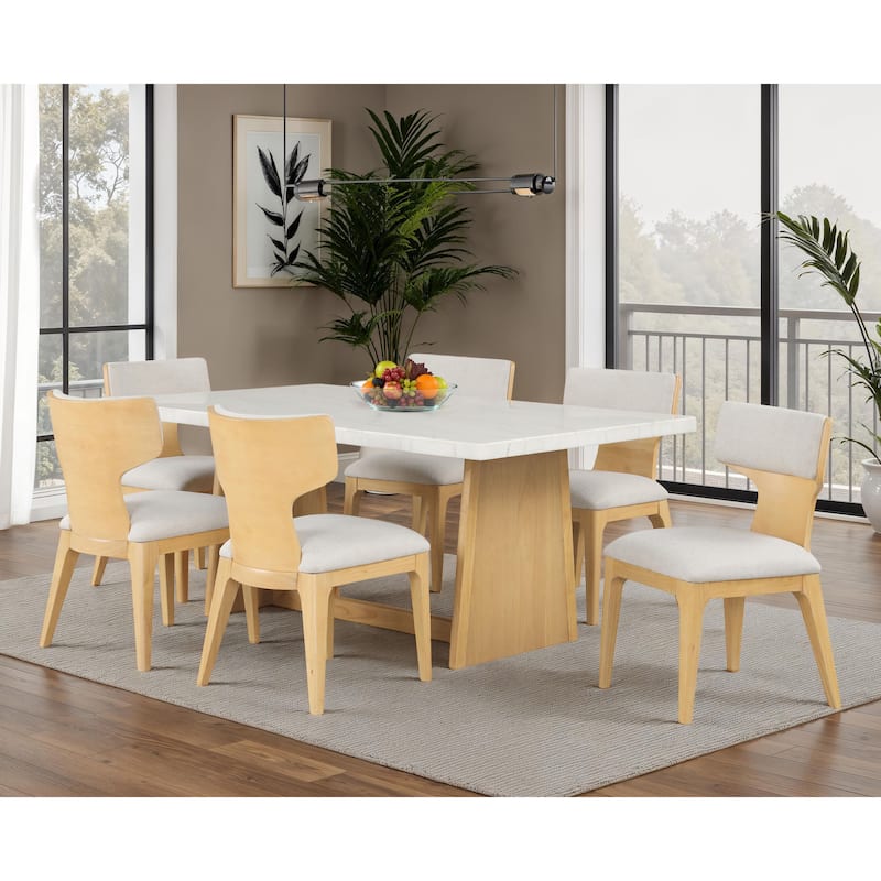 Furniture of America Wayley Modern 7-Piece Solid Wood Genuine Marble Top Dining Table Set - Natural