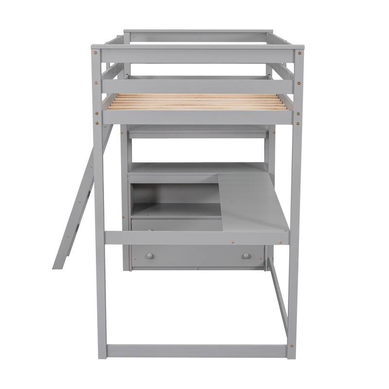 Twin Size Loft Bed with Desk, Shelves, and Two Drawers in Gray