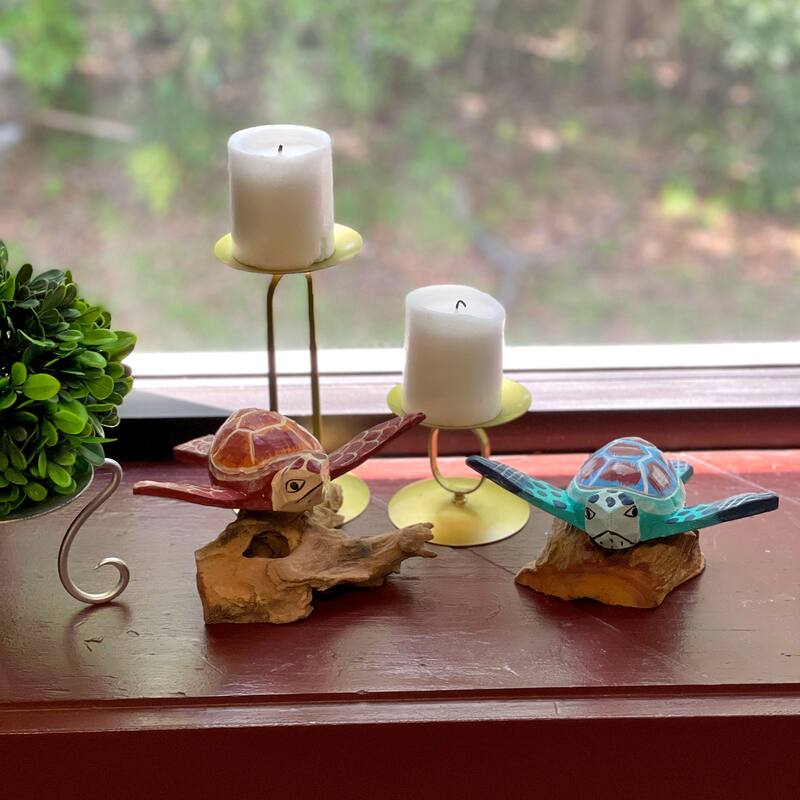 Handcrafted Sea Turtle Sculptures Set Of 2, Coastal Wood Art, Ocean - 4 X 7 X 5 inches