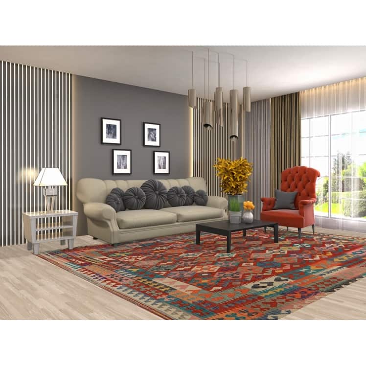 Geometric Kilim Oriental Area Rug Hand-Woven Living Room Wool Carpet - 8'3"x 11'2"