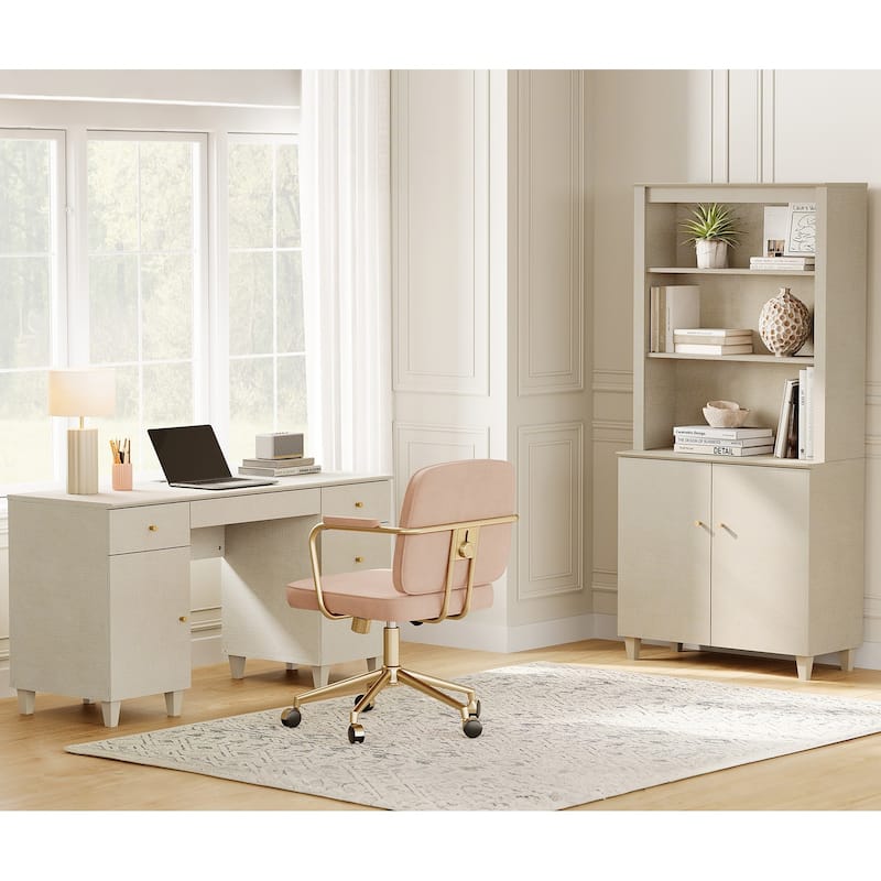 WAMPAT Home Office Furniture Set, 58" Executive Desk with Cabinet, 71" Tall Bookcase with Doors and Adjustable Shelves - Beige Linen Printed