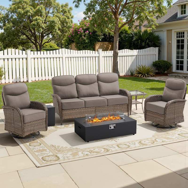 Meyreso 5-Piece Wicker Outdoor Patio Fire Pit Sofa Set with 6-Inch Thick Cushions