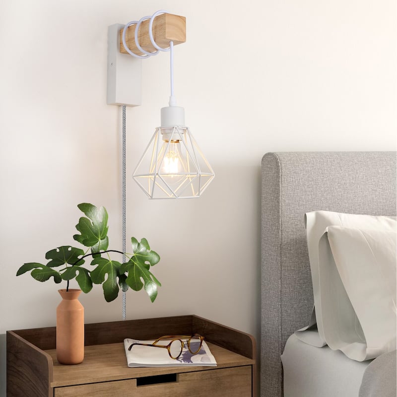 Modern Plug in Wire Wood Cage Black Wall Lamp- Industrial Rustic Retro Pendant Lamp With Adjustable Hanging Wall Lights Fixture