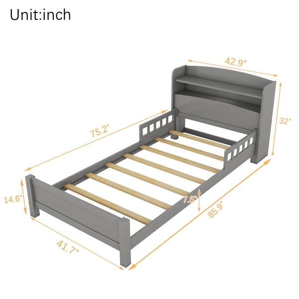 Twin Pine Wood Bed with Bookcase Headboard ,LED Motion Sensor Light, Guardrails