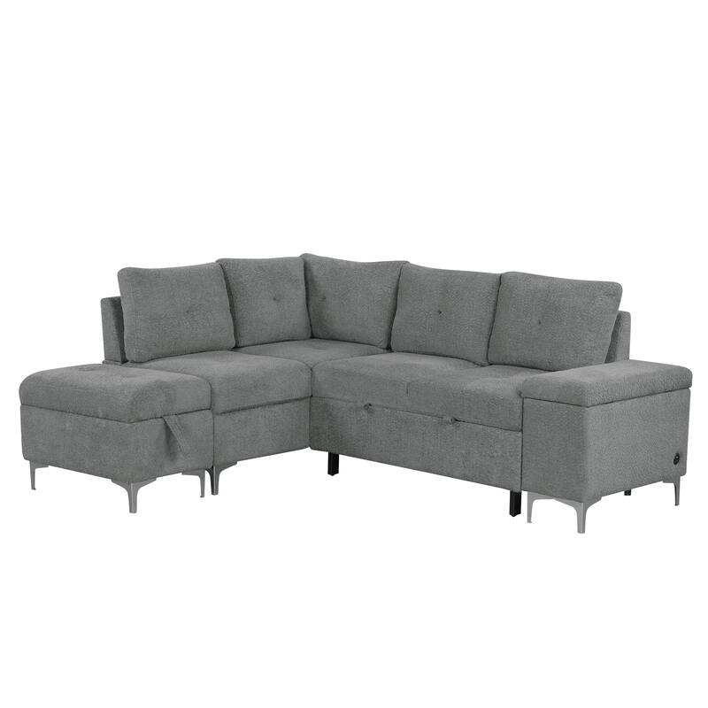 88.2" Chenille L-Shaped Sofa with Bed, Storage, Cup Holders, USB