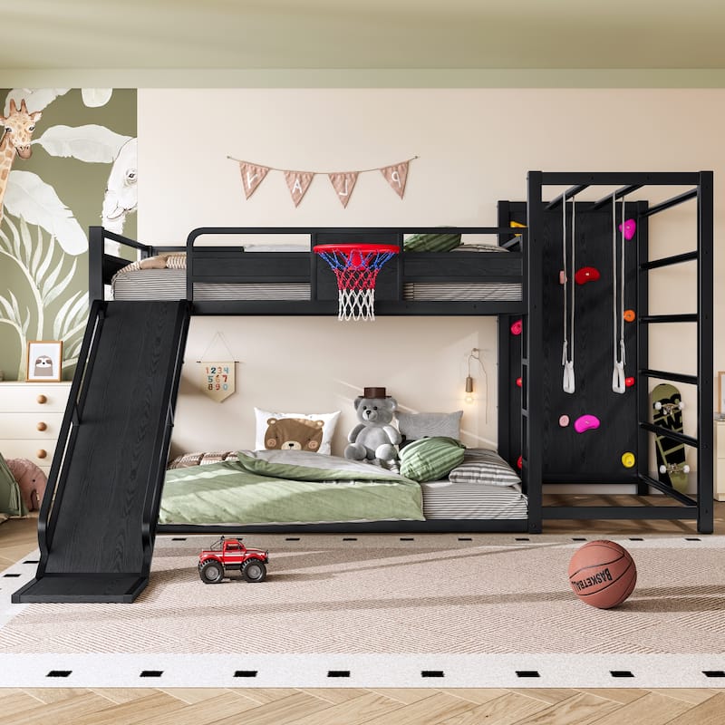 Childhood Fun Metal Loft Bed Frame with Built-in Bookshelf, Basketball Hoop, Climbing Wall, Pull-up Rings and Slide