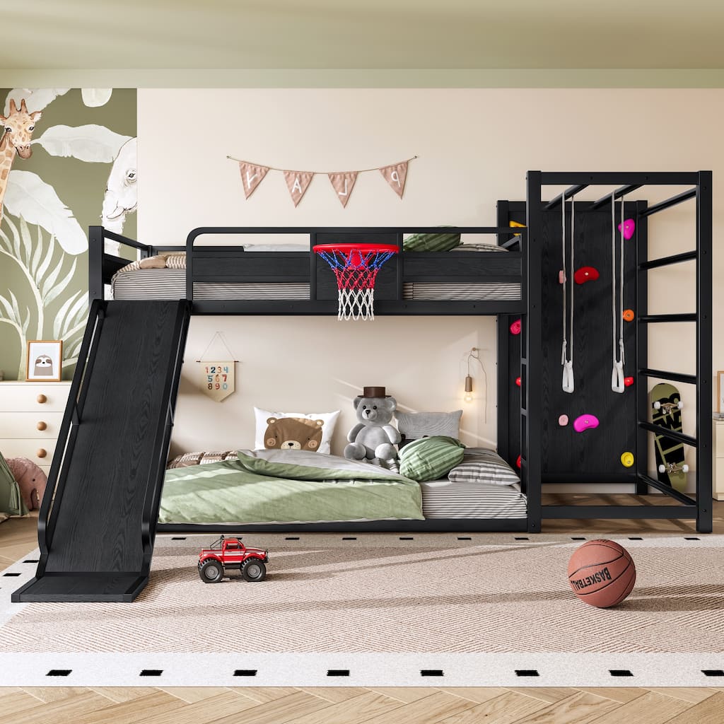 Full/Twin Metal Loft Bed with Basketball Hoop, Climbing Wall & Slide