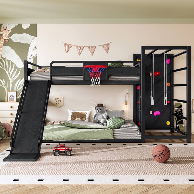 Full size metal loft bed with basketball hoop, pull-up rings, climbing wall, and built-in bookshelves - Black