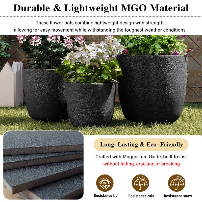 Lightweight Matte Textured MGO Flower Pot Set of 3,Round Concrete Stackable Planter with Drainage Holes and Rubber Plug