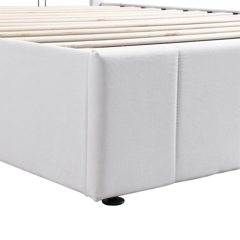 Hydraulic Lift Up Storage Bed, Linen Upholstered Platform Bed Frame with Vertical Panel Headboard, Wooden Slat Support