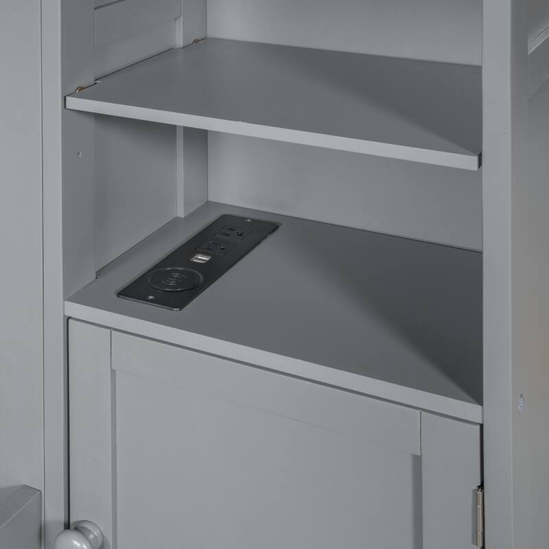 Grey Queen Wooden Bed with Built-In Storage Cabinet, Shelf, Drawers, and USB Ports