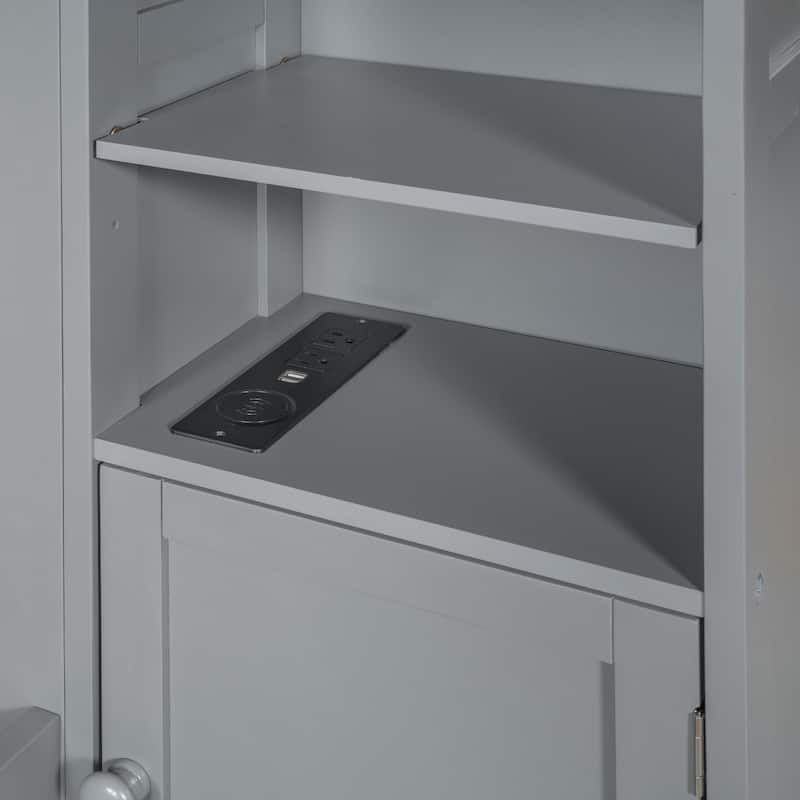 Grey Wooden Queen Size Bed With Integrated Storage Cabinet, Shelf, and Drawers, USB Ports