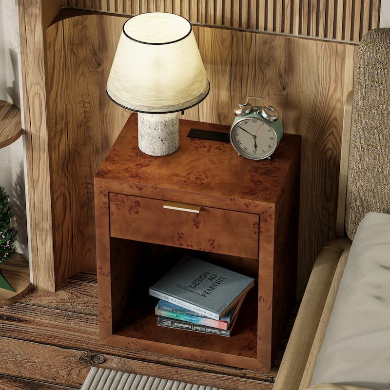 COZAYH Burl Finish Nightstand, Rustic Farmhouse Dresser, Vintage Accent Wood Storage Bedside Table, Fully Assembled