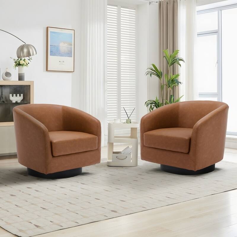 UIXE 360° Swivel Barrel Accent Chair Armchair For Living Room - Set of 2 - Brown-Leather 2Set