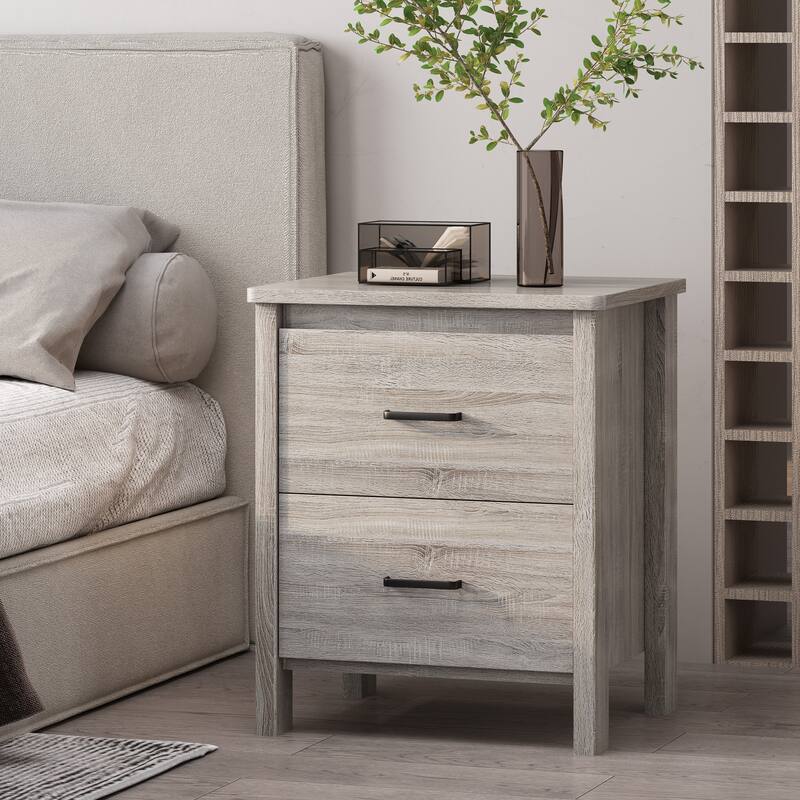 Faux Wood Nightstand with 2 Drawers, Contemporary Design, Easy Toolless Assembly, Storage Organizer for Bedroom