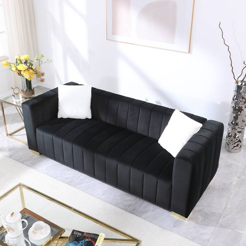Velvet Channel Tufted 3-seater Sofa with Pillows