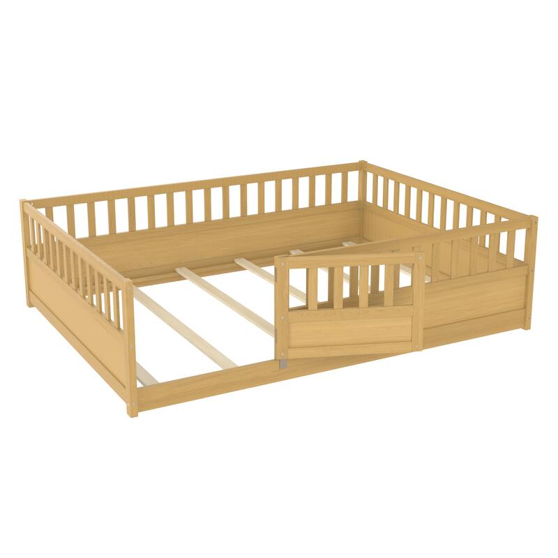 Wooden Full Floor Bed without Slat, Montessori Kids Floor Bed Frame with Super High Fence and Door, Solid Pine French Bed Frame