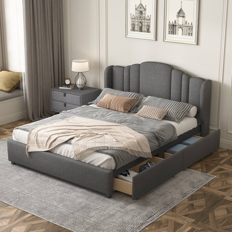 Upholstered Platform Bed with Wingback Headboard and 4 Drawers, No Box