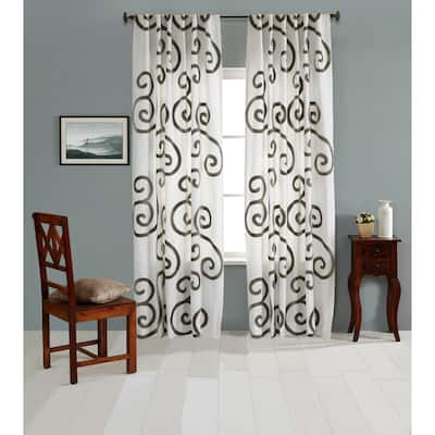 Swoon Swirl Applique on Linen Curtain Panel White Grey, Lined - Single Curtain Panel