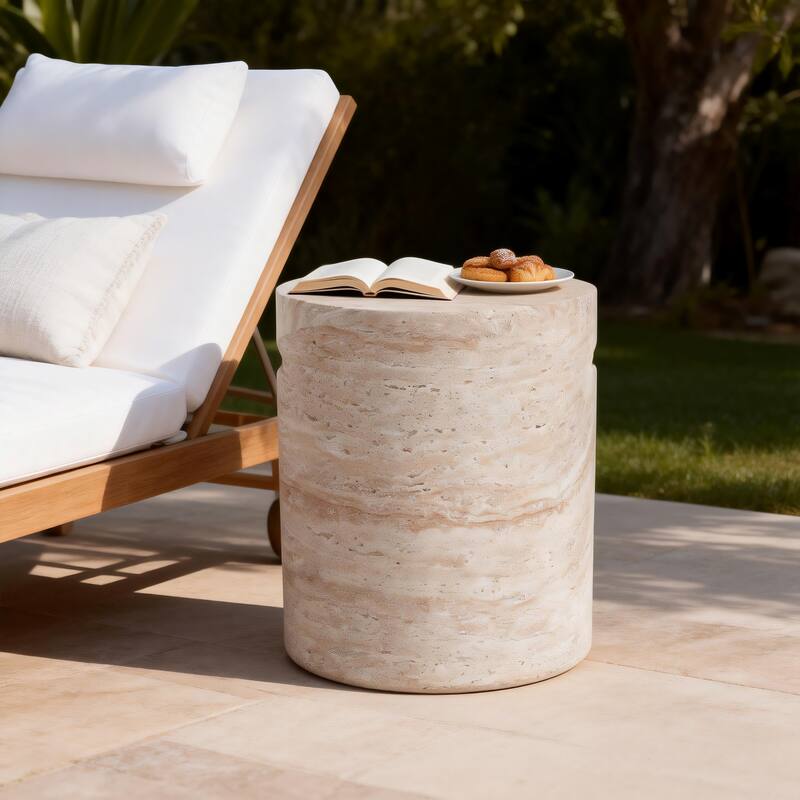 Outdoor Indoor Lightweight Concrete Side Table With Side Handles, Travertine Finish - 20.41