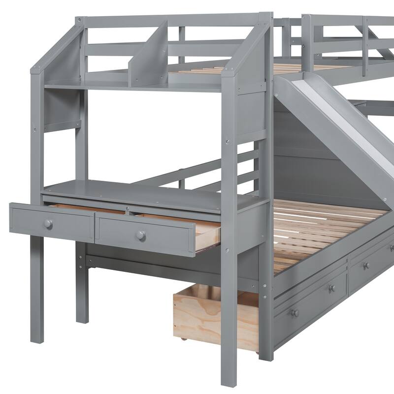 Twin Over Twin Bunk Bed with Storage Staircase, Slide, Drawers, and Desk, Gray