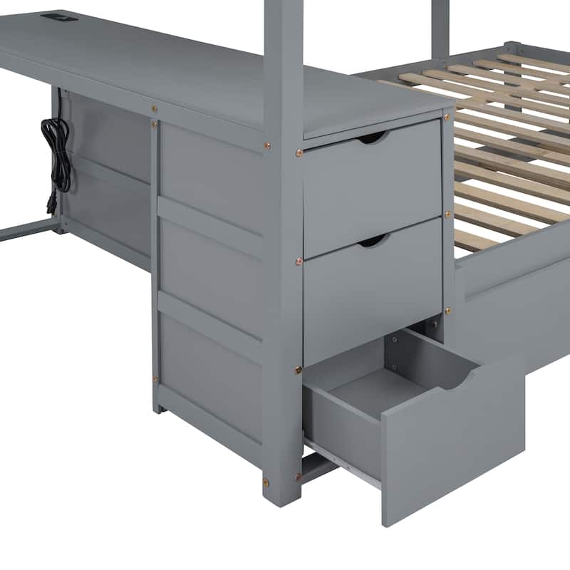 Full-Over-Full Bunk Bed with Twin size Trundle, Storage and Desk, Gray