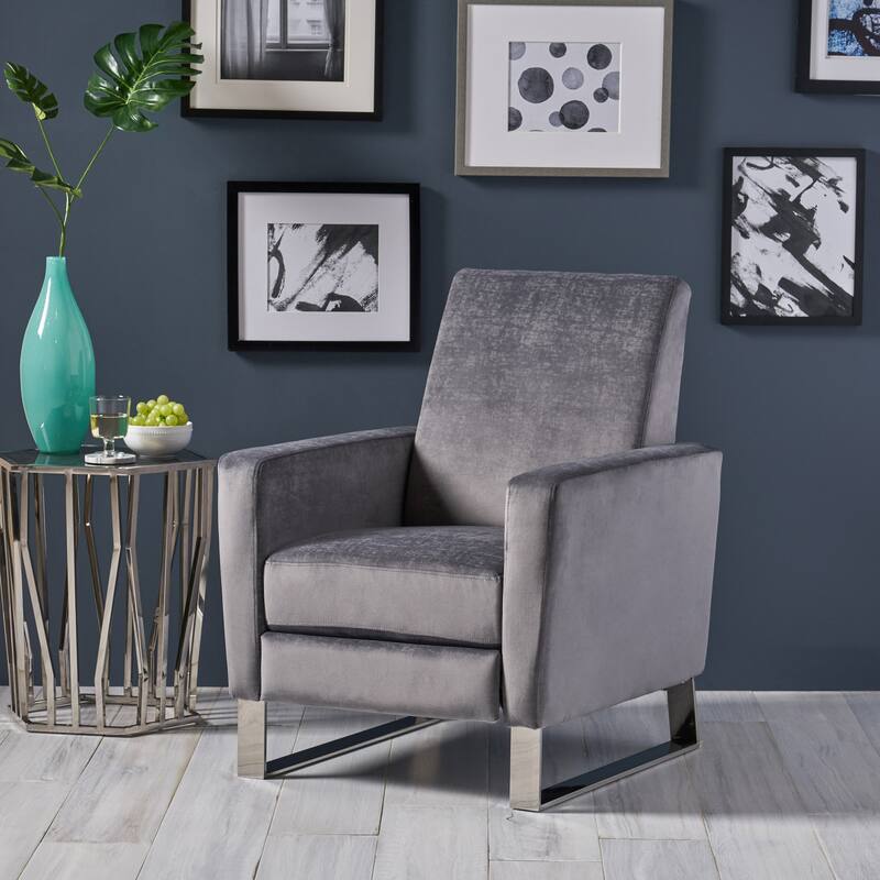 Modern Velvet Upholstered Push-Back Recliner with Footrest and Stainless Steel Legs - Grey
