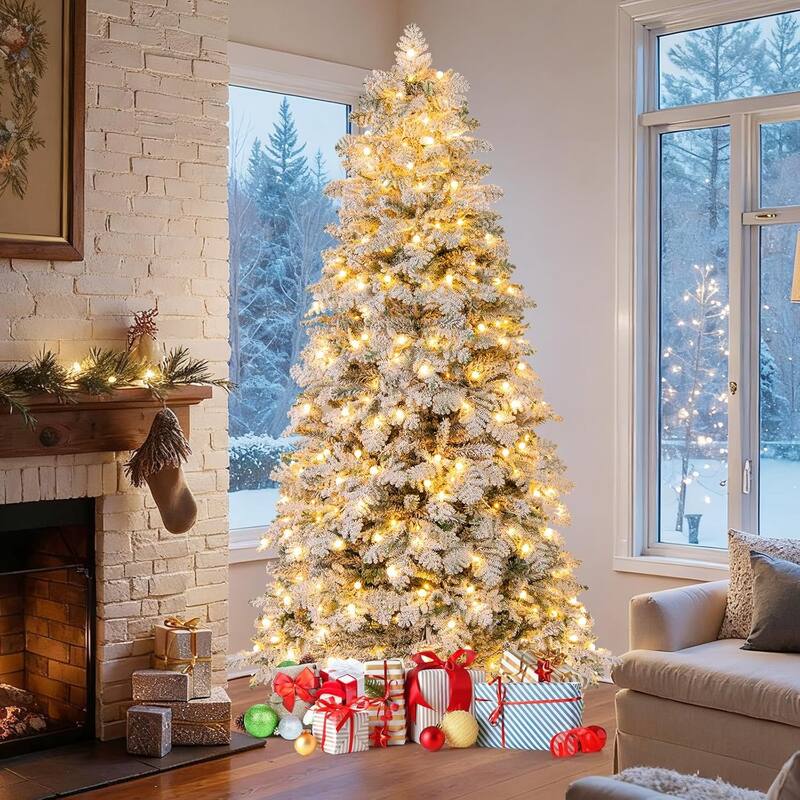 6/7 FT Pre-lit Artificial Christmas Tree Snow Flocked Hinged Xmas Tree