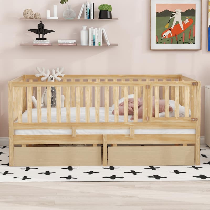 Full Size Wood Daybed with Fence Guardrails and 2 Drawers, Convertible to Floor Bed and Daybed, Natural Finish