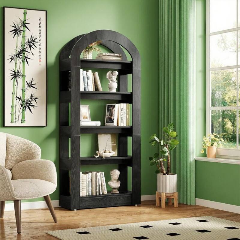 MDF 5 Tier Bookshelf with Arched Top and Heavy-Duty Shelves - 70.86" H x 31.5" W x 11.81" D - Black