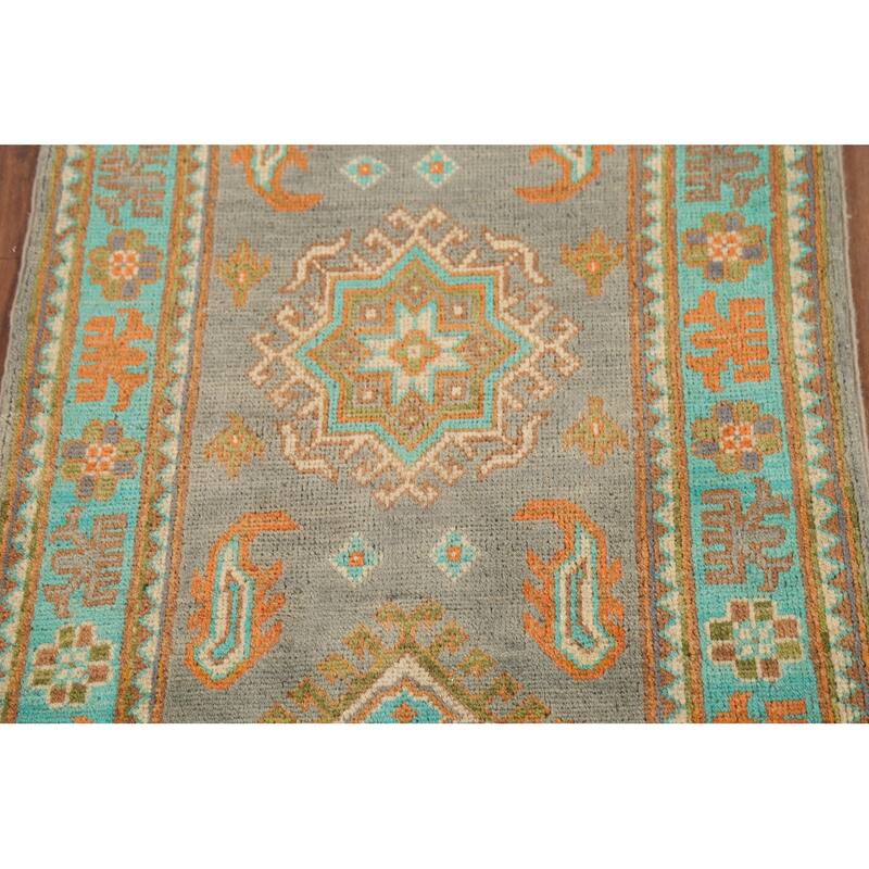Gray Geometric Kazak Accent Rug Hand-Knotted Geometric Wool Carpet - 2'1"x 2'10"