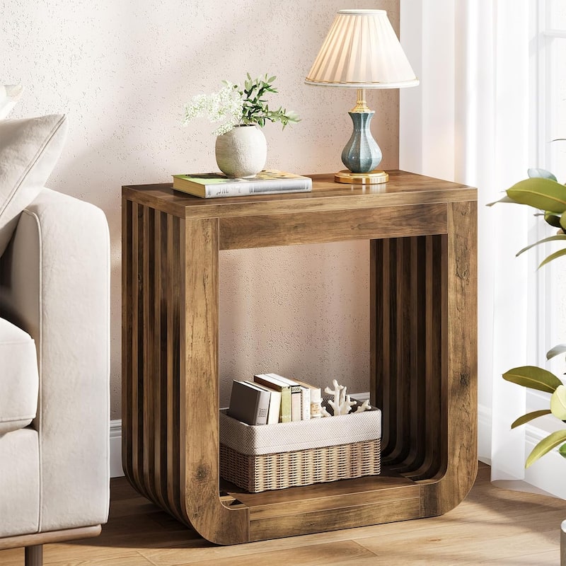 Side Table with Slatted Open Frame, Farmhouse Wooden End Table, Rustic Accent Sofa Side Table, Small Nightstand