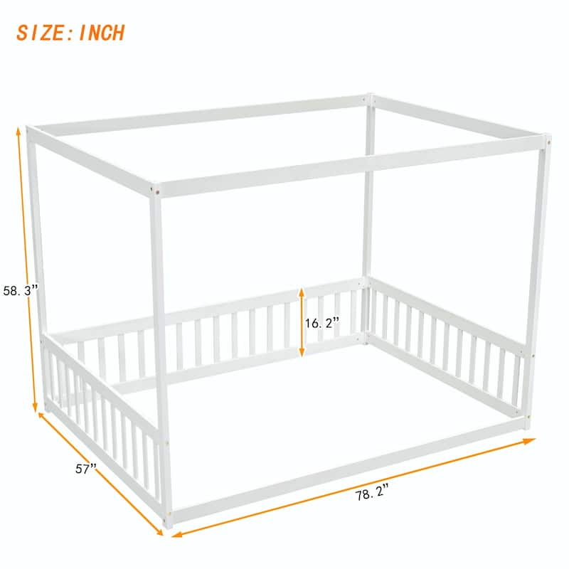 Canopy Frame Floor Bed with Fence and Guardrails