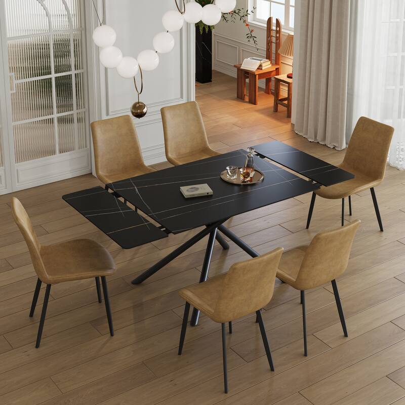Retractable Sintered Stone Dining Table, Modern Rectangular Design, with Black Carbon Steel Legs at the Bottom