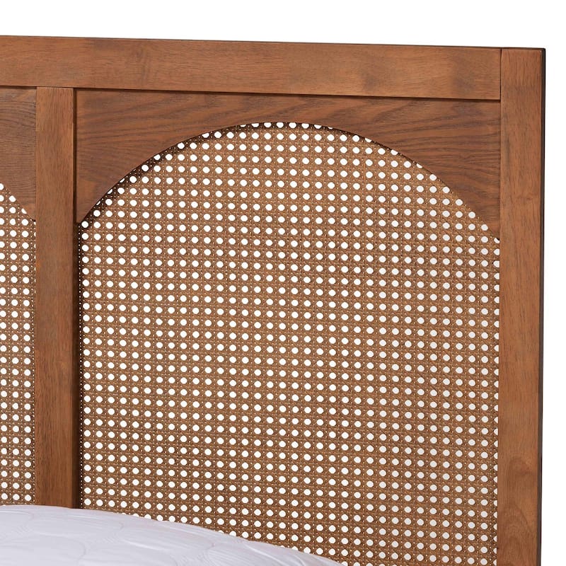 Ash Walnut Wood and Rattan King Platform Bed with Spacious Underbed Storage and Classic Geometric Headboard