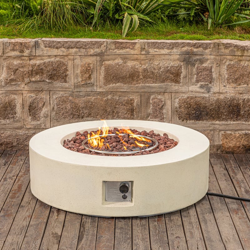 COSIEST Ecru Round Outdoor Propane Fire Pit Tank Outside