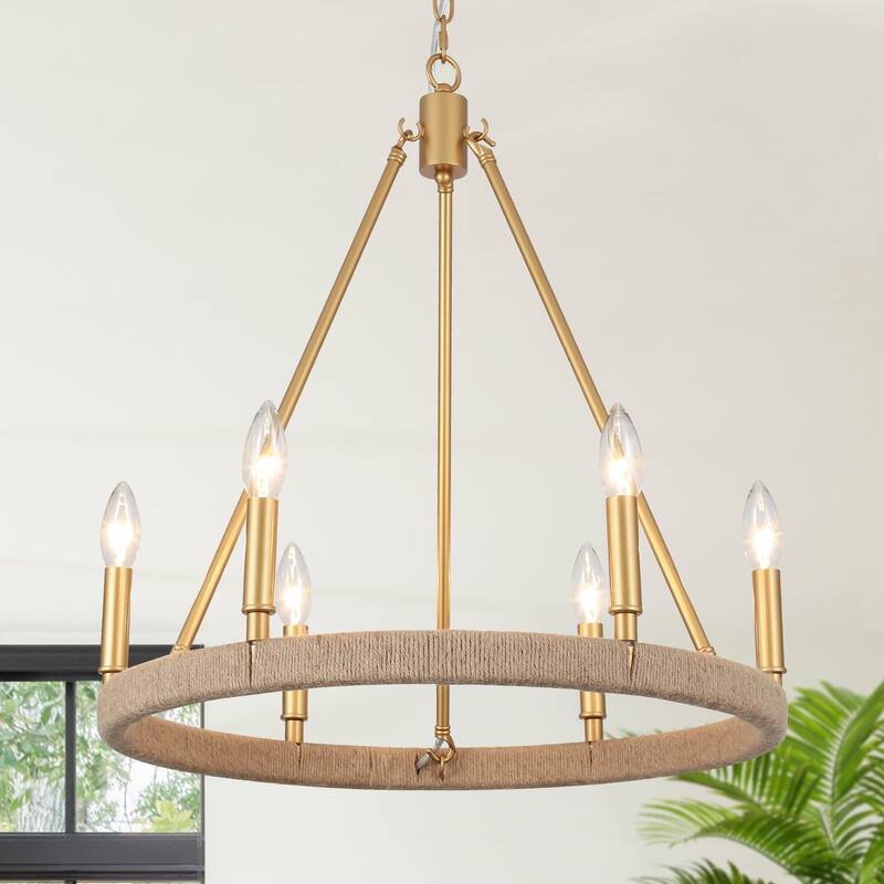 6-Light Rustic Hemp Rope Wagon Wheel Chandelier for Bedroom Foyer Entryway