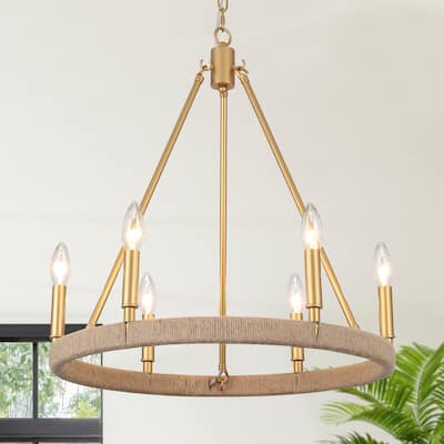 6-Light Rustic Hemp Rope Wagon Wheel Chandelier for Bedroom Foyer Entryway