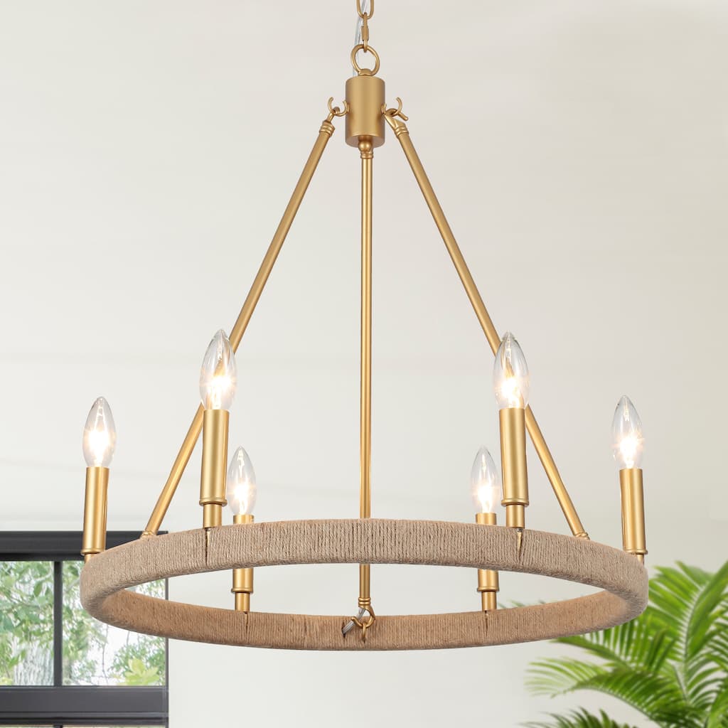 6-Light Rustic Hemp Rope Wagon Wheel Chandelier for Bedroom Foyer Entryway