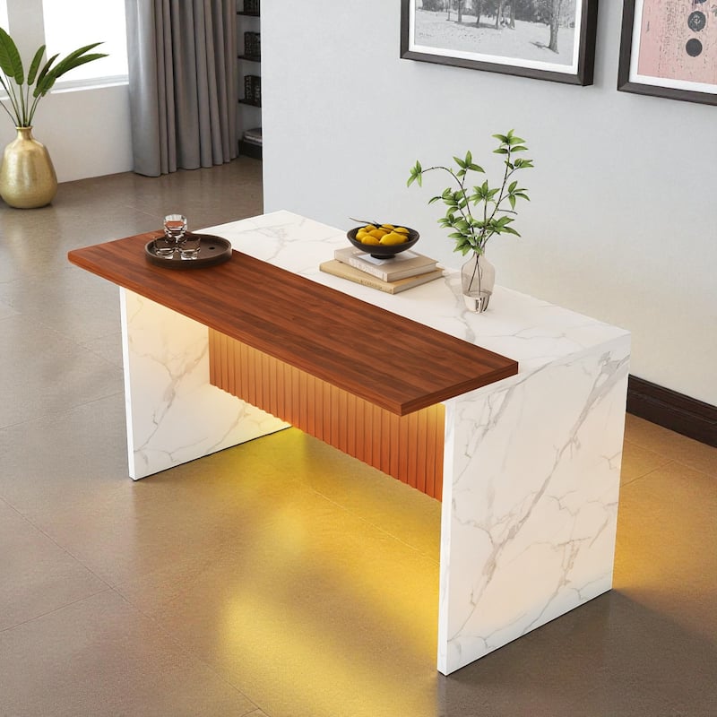 63" Modern Kitchen Island with Marble-Look Countertop, LED Lights, and Grille Design for Dining Room - White